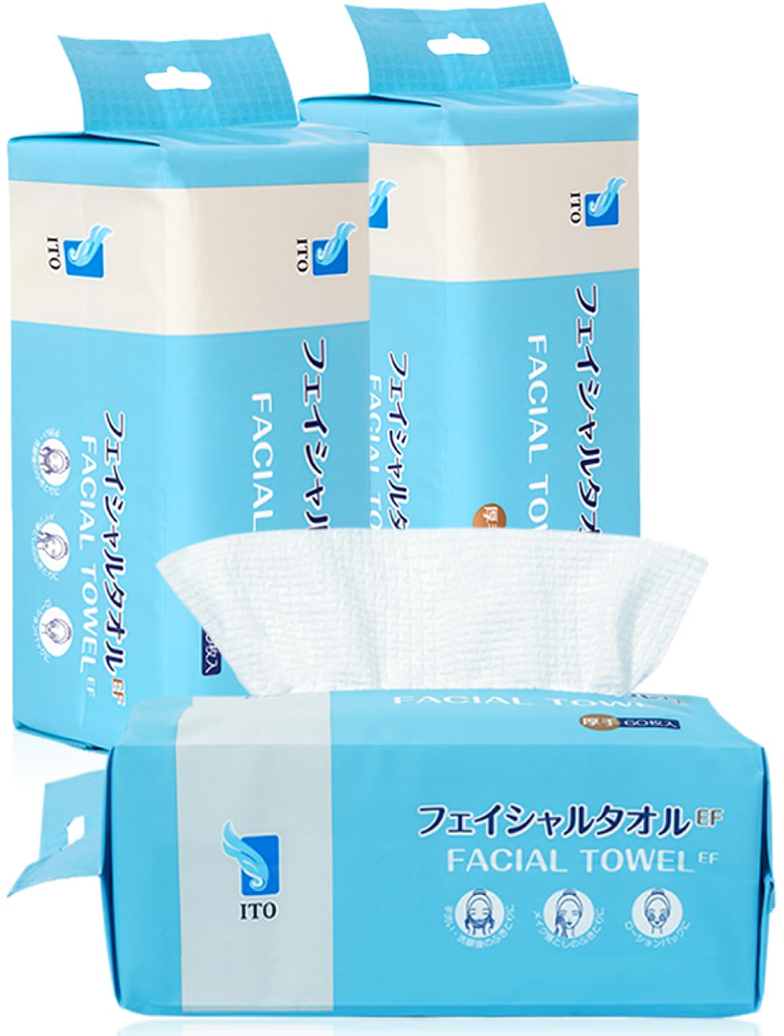 ITO フェイシャルタオル EF 【３個セット】 ふわふわ厚手 OEKO-TEX®認証 オリジナル EF生地 クレンジングタオル 洗顔タオル フェイスケア 使い捨て コットンパフ スキンケアワイプ ふんわり 優しい吸水保湿 赤ちゃんにも優しい商品画像