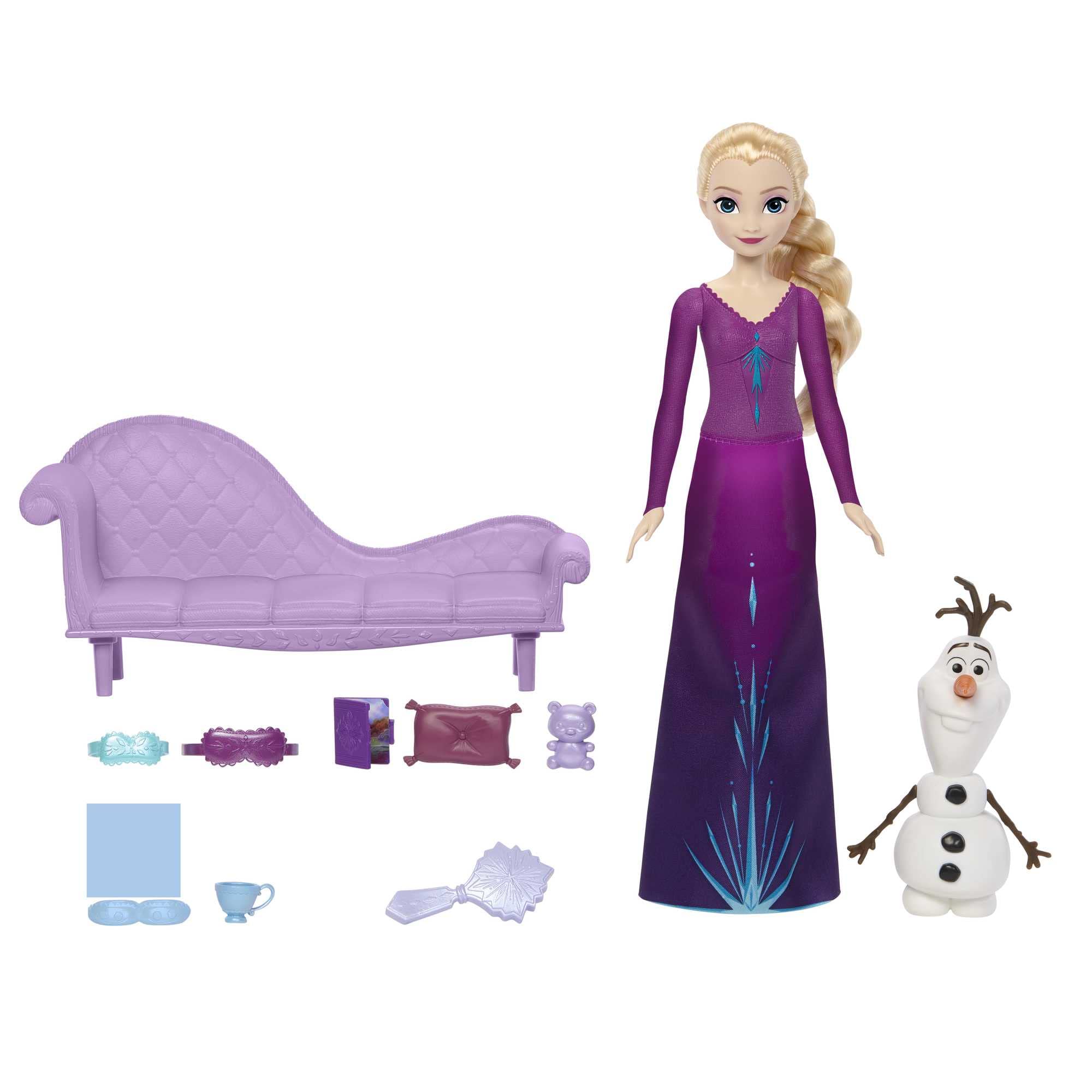 Mattel Disney Frozen Elsa Bedtime Fashion Doll with Olaf Figure, Doll-House Furniture Piece and 7 Accessories, Inspired by Disney Frozen Movies, HLX27