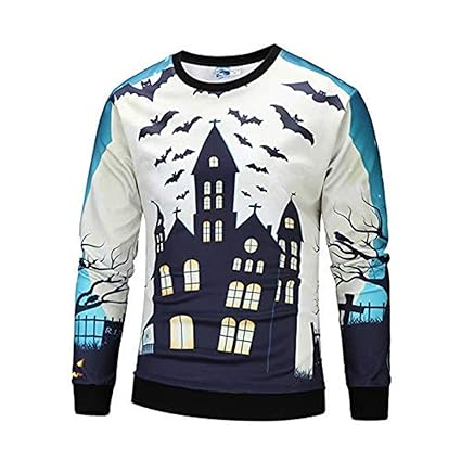 UJUNAOR Damen Herren Halloween Kreative 3D Gedruckt Casual Scary Halloween Party Langarm O Hals Top Bluse Schwarz