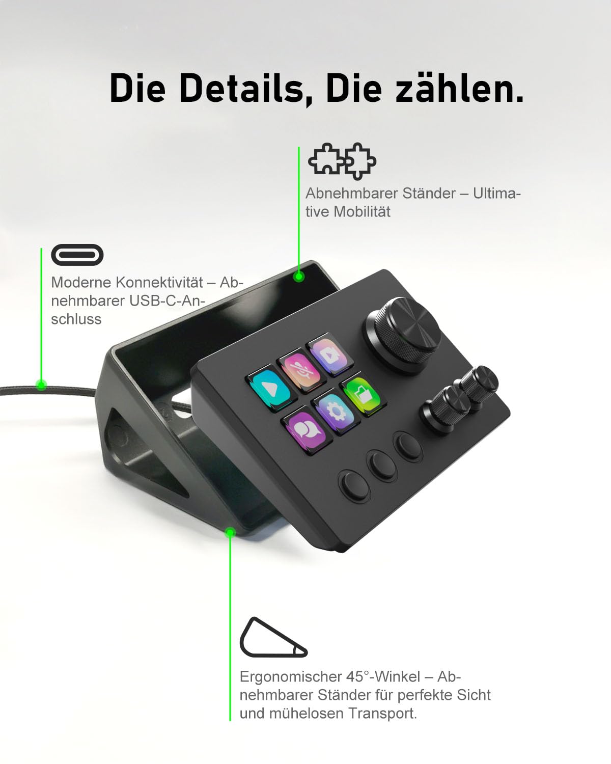 Basicolor N3 Stream Controller Deck mit 6 LCD-Makrotasten, 3 Buttons & 3 Drehreglern – Programmierbare Tastatur für Streaming (YouTube, OBS, Twitch), Kreation, Produktivität (Office) & Gaming (Mac/PC) 7