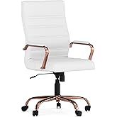 Flash Furniture Whitney High-Back Swivel LeatherSoft Desk Chair with Padded Seat and Armrests, Adjustable Height Padded LeatherSoft Office Chair, White/Rose Gold