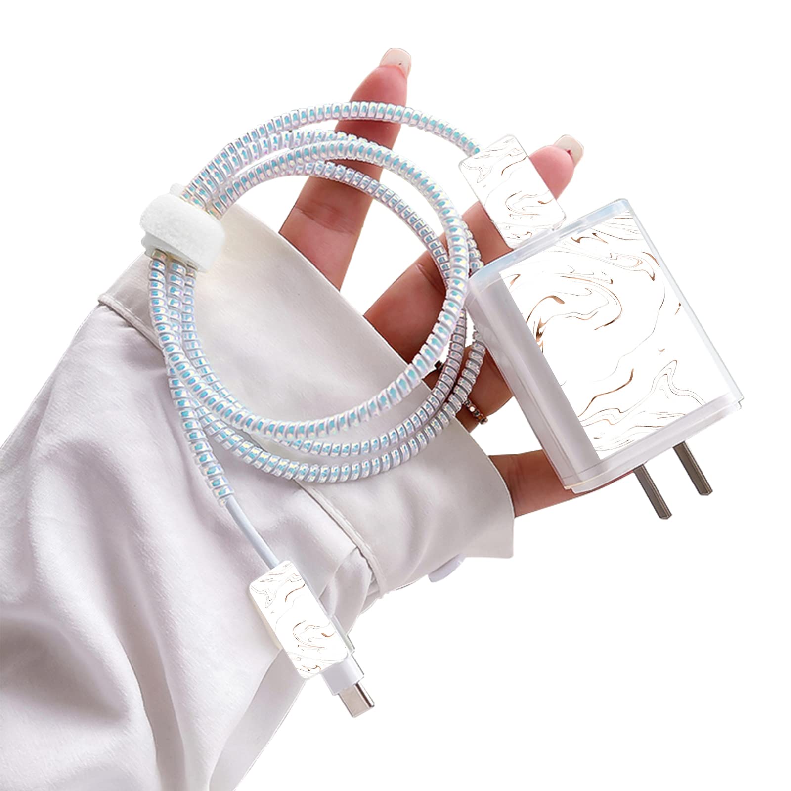 Cute Marble DIY Cable Protectors Set for iPhone 14 13 12 11 Pro X Charger with Gold Glitter Marble Design, Data Line Wire Saver USB-C Cable Charger Protector Cover for iPhone-White