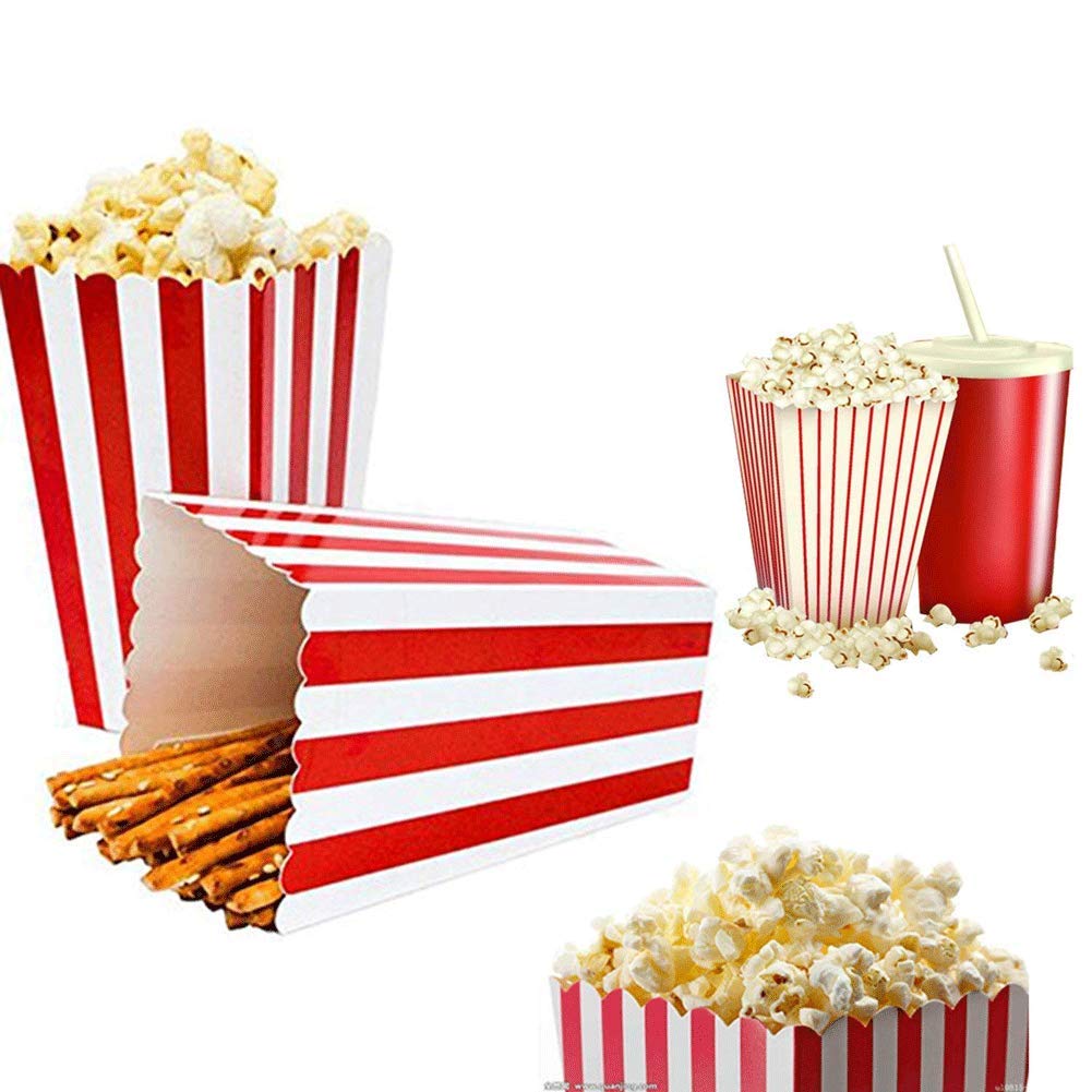 Popcorn Boxes, Classic Popcorn Containers Paper Bags Stripe Box White Red Striped for Party Favor, 24 PCS