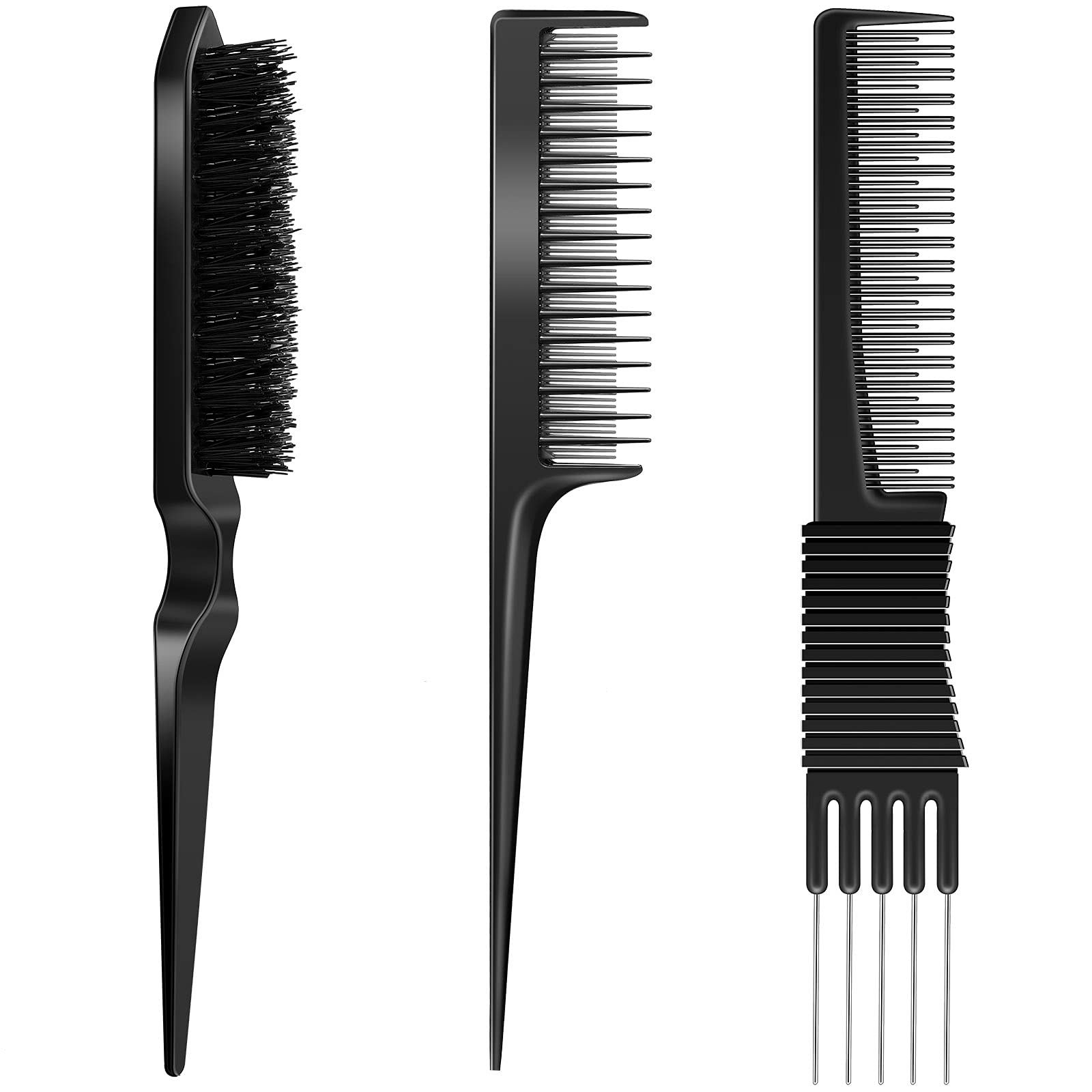 Photo 1 of 3 Pieces Pick Teasing Combs Hair Brush Set Includes Black Carbon Lift with Metal Prong, Triple Pin Rat Tail Comb, Nylon Bristle Hair Brush for Women (Black)