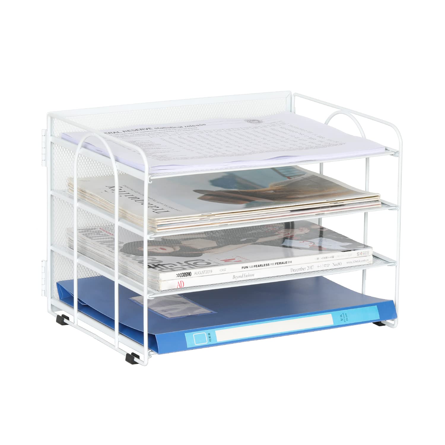 EasyPAG 4 Tier Desktop A4 Mesh Filing Tray Office Desk Tidy File Holder Paper Organiser Magazine Storage Rack,White