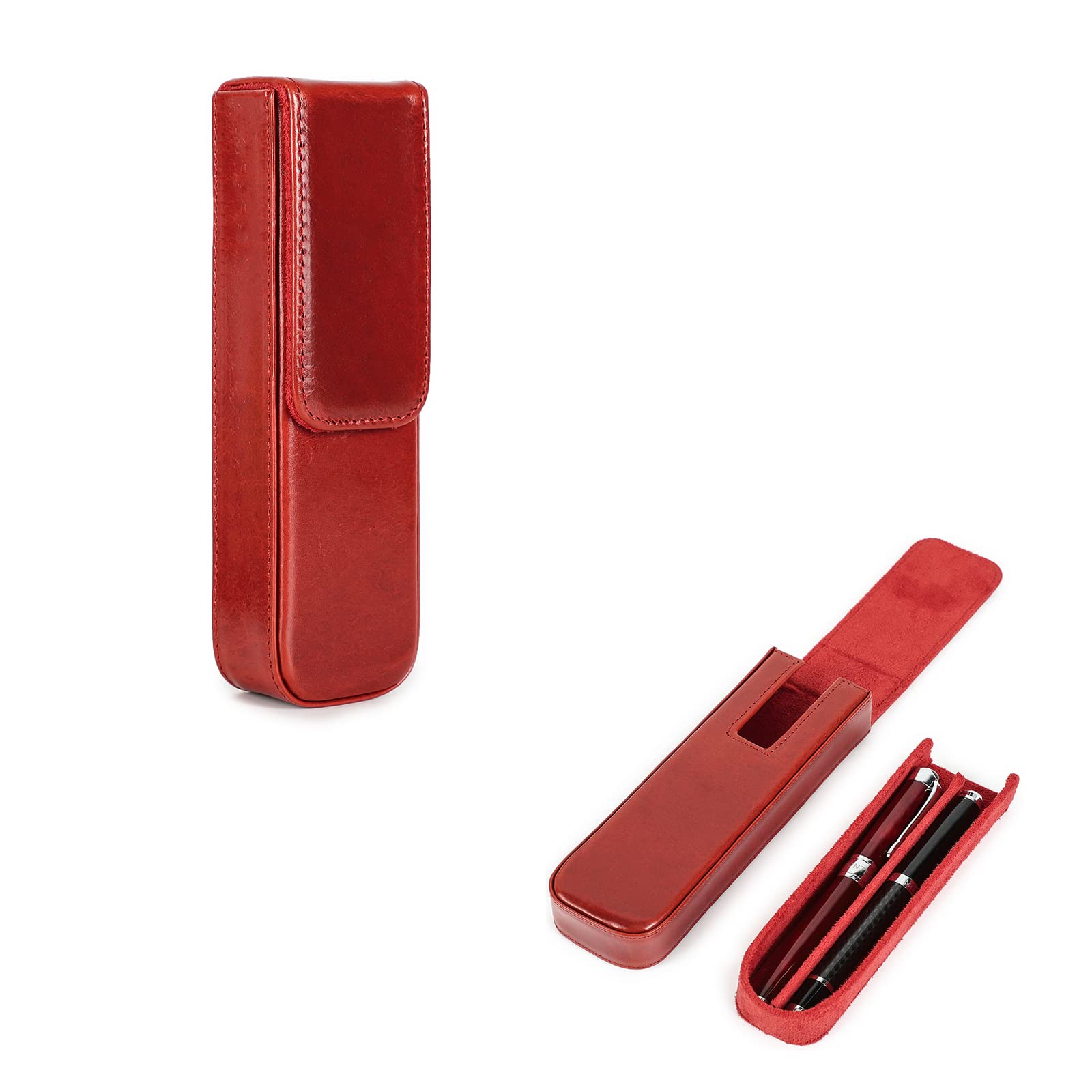Hiram Leather Pen Case for 2 Pens Vegetable Tanned Leather Fountain Pen Storage Box with Hidden Magnetic Snap Closure Design (Red)