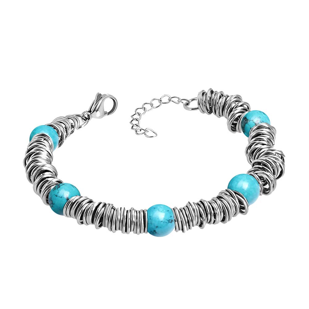 555Jewelry Stainless Steel Disc & Extendable Bead Bracelets for Women, Turquoise Bracelets for Women, Beaded Bracelets for Ladies, Womens Beaded Bracelets, Silver & Turquoise
