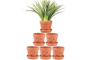 Yishang 4.6 Inch Clay Orchid Pots with Drainage Holes & Saucers - 6 Pack Small Terracotta Planter Pots for Repotting, Plant Flower Pots for Orchid Indoor & Outdoor, Promotes Air Circulation