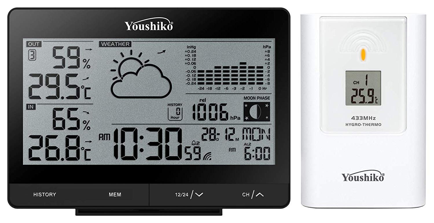 Youshiko Wireless Weather Station, (Official 2025 UK Version/Premium Quality/Clear Display) with Radio Controlled Clock Indoor Outdoor Temperature Thermometer, Humidity Barometric pressure