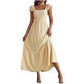winkbay Women's Tiered Ruffle Square Neck Dress Cap Sleeve A Line Flowy Maxi Dresses