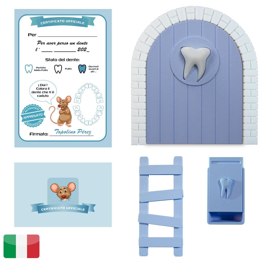 Myfuturshop® Baby Tooth Door for Topolin + Tooth Box + Ladder + 4 Clean Tooth Certificates Gift for Boys and Girls Italian Version Blue