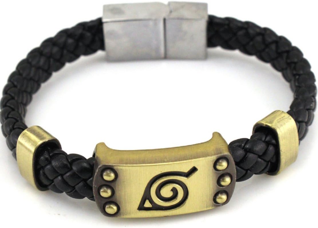 Mens Bracelet Pu Leather Woven Stainless Steel Lobster Clasp Bracelet Punk Jewelry (Naruto)