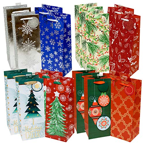 Christmas Wine Bottle Gift Bags Kraft Paper With Colorful Wide Ribbon Handles, Tags, Metallic Foil Hot Stamp and Glitter In Assorted Colors For Gift Giving on Holiday and Xmas Party Cheers (Set of 16)