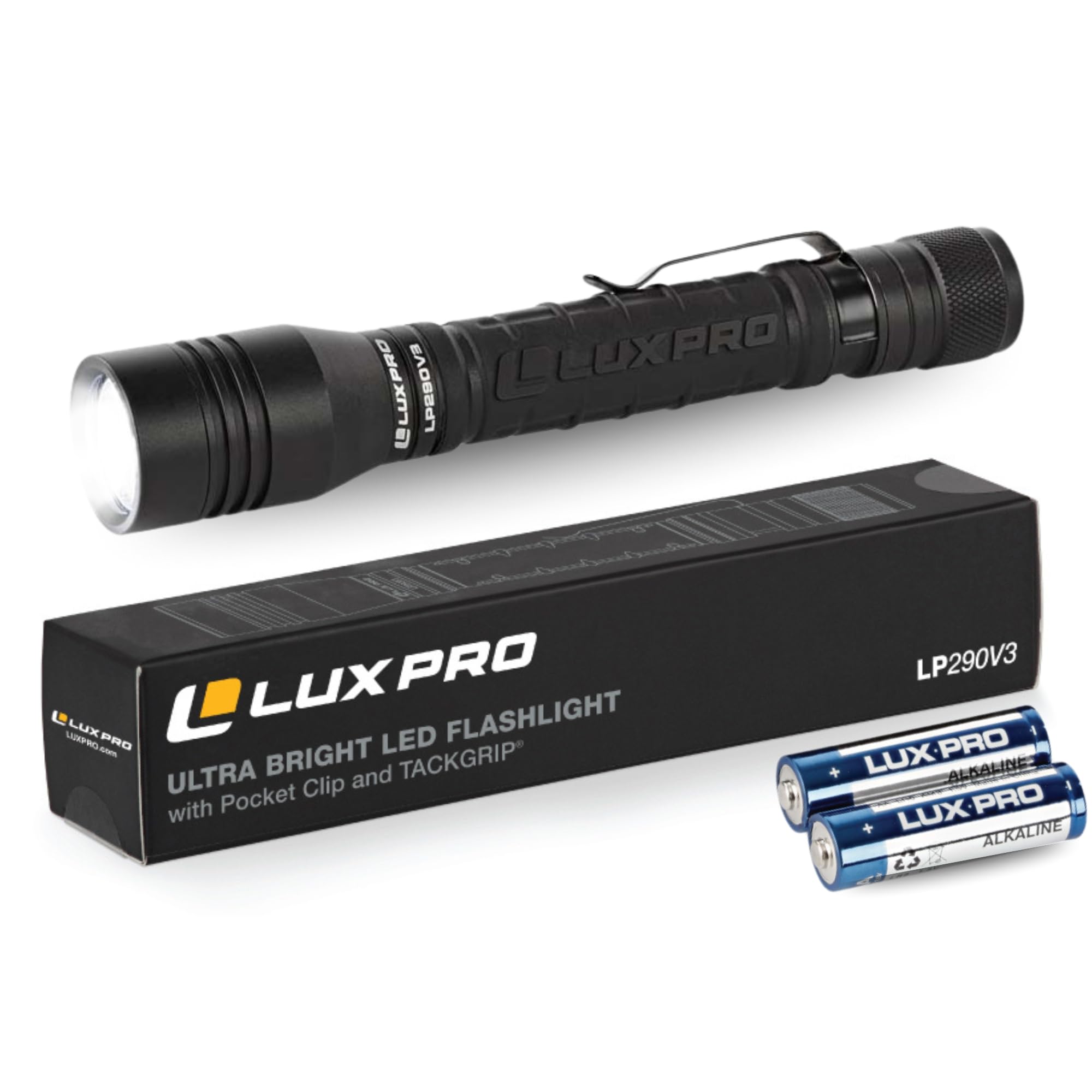 Photo 1 of LUXPRO LP290V3 LED Flashlight - Bright 300 Lumens with 3 Light Modes - Aircraft-Grade Aluminum with IPX4 Waterproof Protection & Patented TackGrip - Camping, Outdoor, Home - Batteries Included