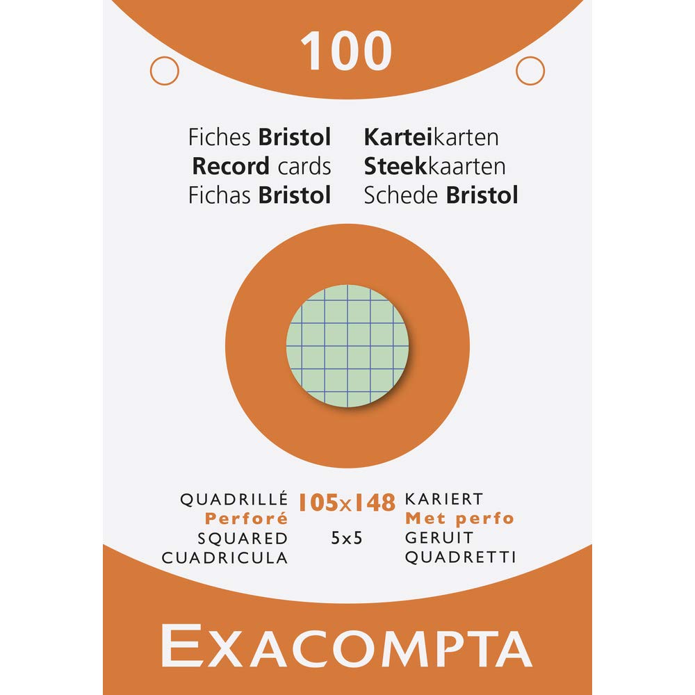 Exacompta - Ref 13659E - Bristol Index Cards - A6 (105 x 148mm) in Size, Squared 5x5 Grid, Perforated, Suitable for Inkjet & Laser Printers - Assorted Colours (Pack of 100)