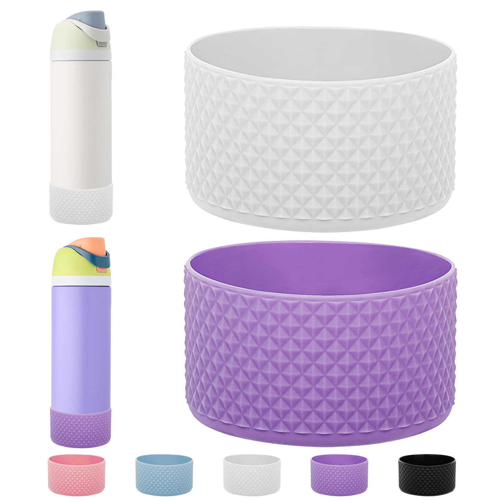 WK IEASON 2Pcs Silicone Water Bottle Boot For Owala 24oz, Protective Flask Bottom Cover Base For Owala Freesip Twist And Flip Flask Bottles (Diomond White/Purple, 24OZ)