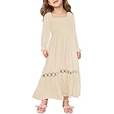 Haloumoning Girls Boho Summer Dresses Long Sleeve Square Neck Smocked Beach Dress Flowy A-line Maxi Dress 4-14 Years
