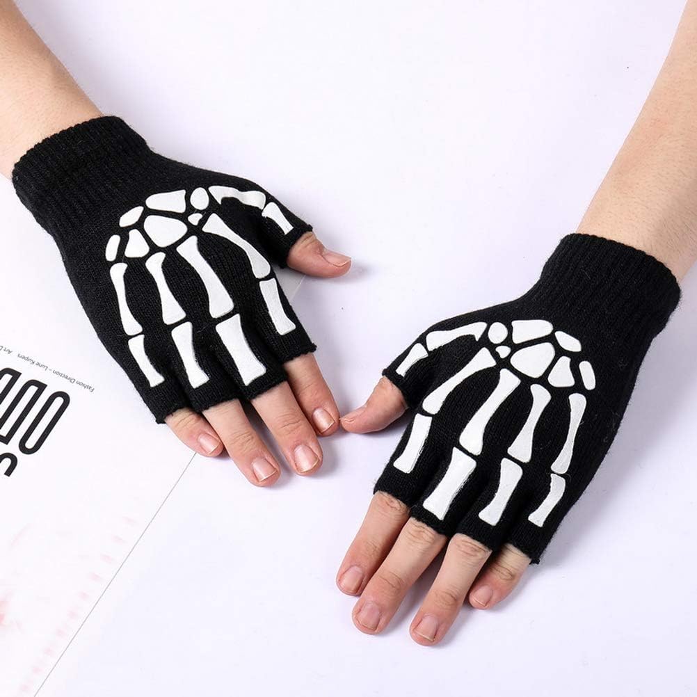SUMAJU 3 Pairs Kids Halloween Gloves Fingerless Costume Gloves Skeleton