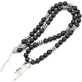 ElisaJewelryArt - Natural Sliced Black Onyx Crystal Pendant Black Lava Stone Beaded Necklace Genuine Gemstone Strenght Stone Clasp Closure Necklace Unisex Necklace