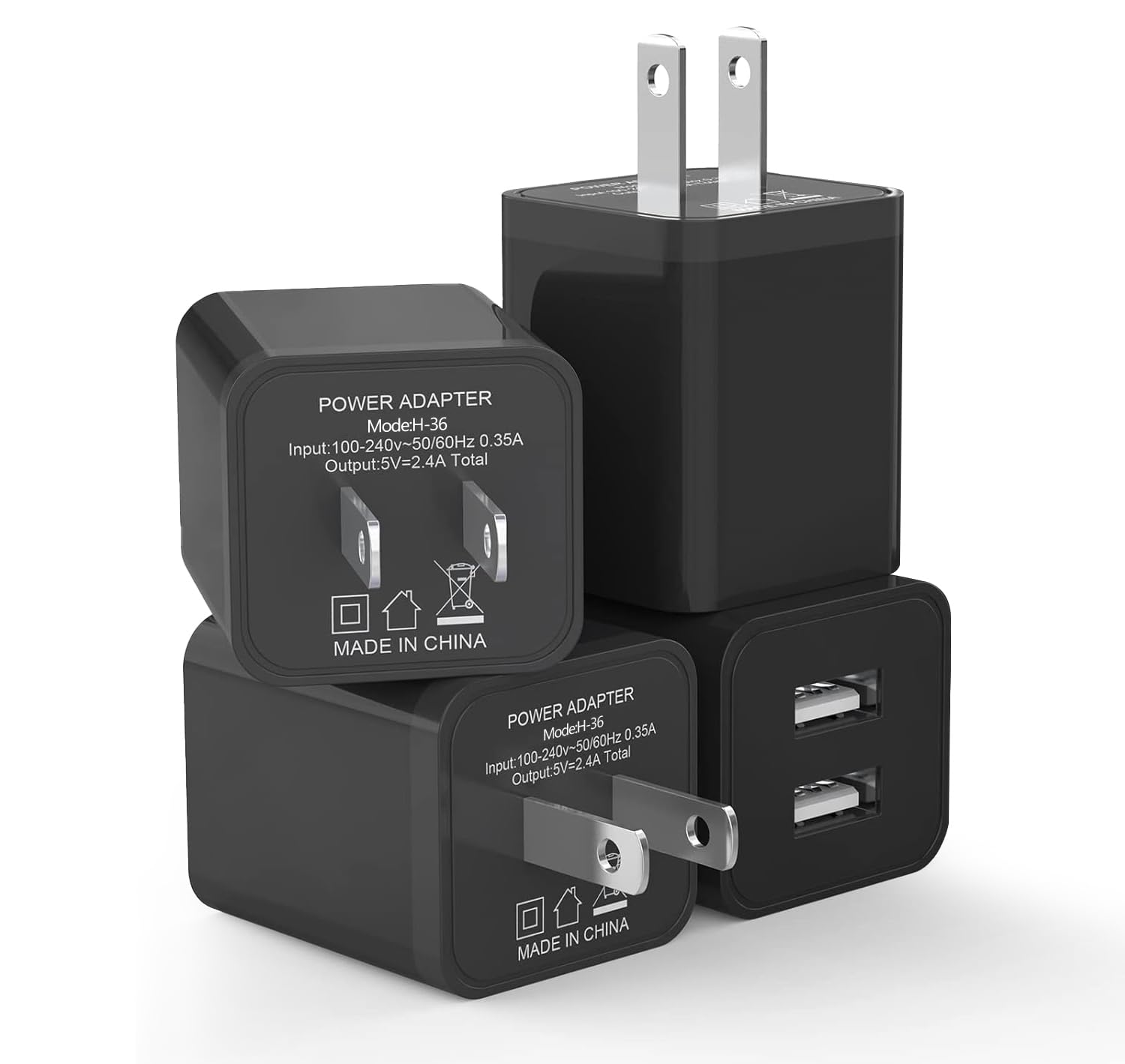 Photo 1 of 4-Pack Dual Port USB Wall Charger 12W 2.4A Fast Charger Block for iPhone 17/16/15/14/13/12/11/X/8, iPad, AirPods, Android, Samsung, Google Pixel, Moto, LG - Compact Cube Adapter (Black)