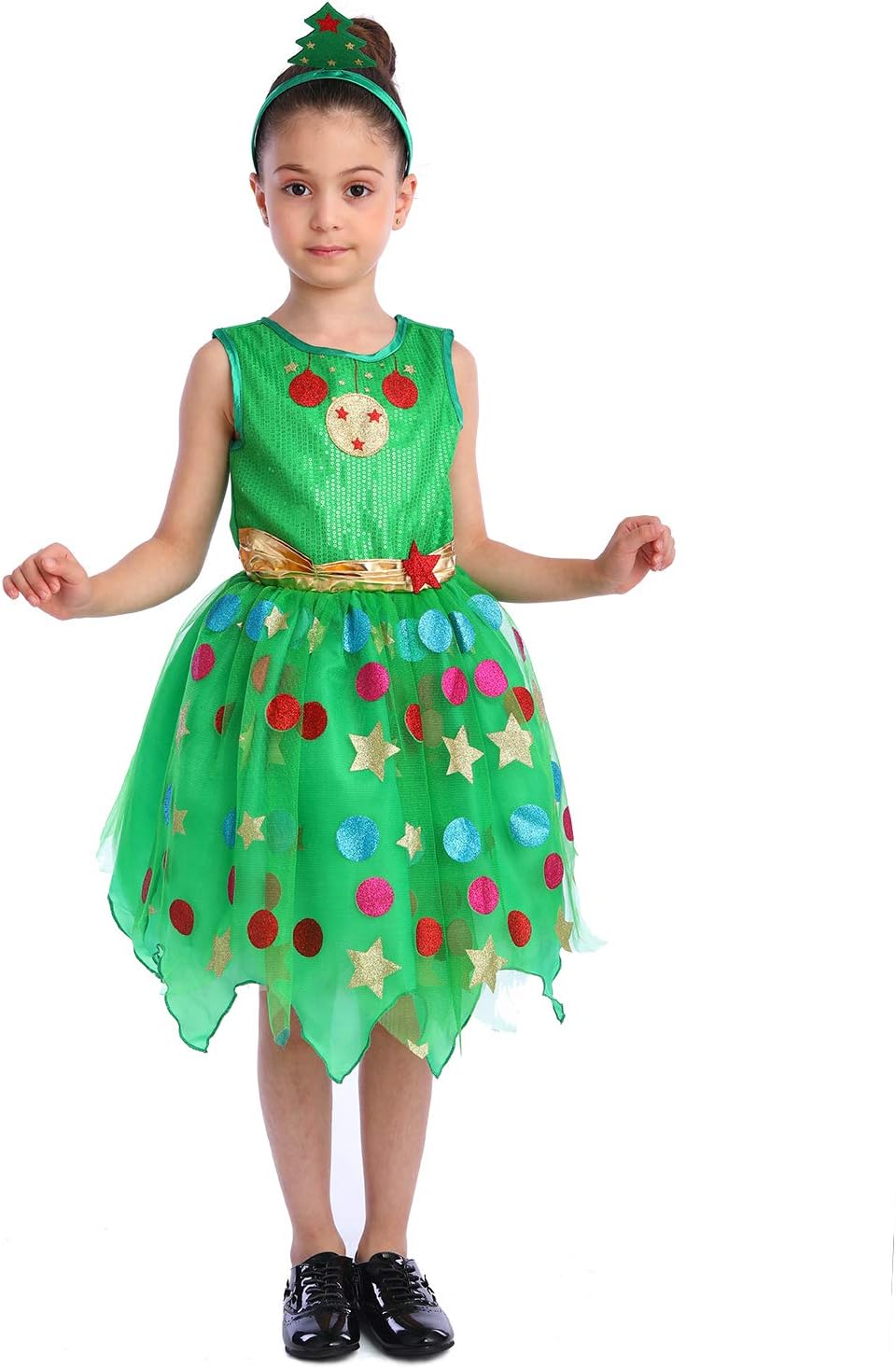 Girls Xmas Tree Costume,Novelty Xmas Dress with a Xmas Tree Headband