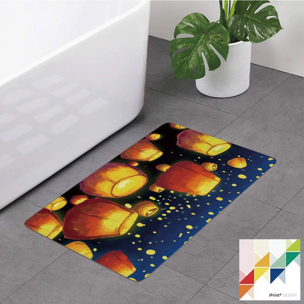 №20393 Bathroom Rug,Lantern,Floating Fanoos Like Devices On Sky Festive Auspicious Asian Culture Chinese Decorative,Dark Blue Orange, Non Slip Coral Velvet Foam Bath Mat,Soft Absorbent Shower Mat Kitc