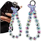 Laser Black Beaded Phone Charm Wrist Strap Acrylic Butterfly Phone Chain Wristlet Cellphone Lanyard Rhombic Lattice Beads Camera Strap Wrist Lanyard Bag Charms for Handbags Cute Keychain Accessories