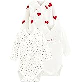 Petit Bateau Babies' Long-sleeved Wrapover Red Hearts Organic Cotton Bodysuits - 3-Pack STYLE A00AZ SIZES NB-12/M