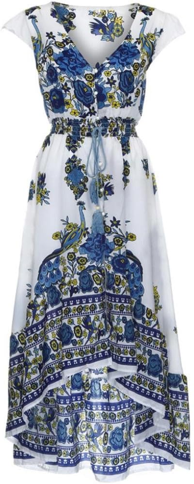 Women Dress Nighter Ladies Bohemian Floral Printed V-Neck Long Dress (XL, White)