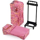 Emily Rose 14 Inch Doll Travel Carrier Backpack - Pink Hearts Design with Wheeled Trolley, Removable Bed & Bedding - Compatible with Wellie Wishers - USA Brand - Carier for Dolls 14" - 15" ONLY