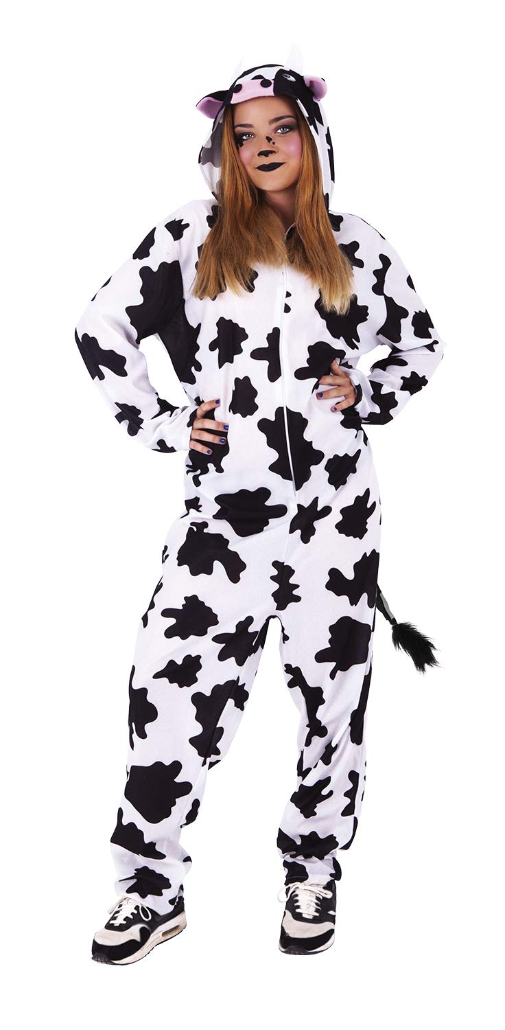 Rubies Cow Costume for Adult, Unisex One Size, White Jumpsuit with Black Spots and Attached Hood and Tail, Original
