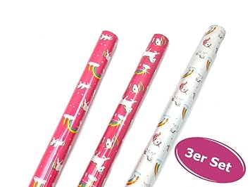 Einhorn Geschenkpapier 3er Set - Geburtstagspapier Geschenkverpackung