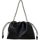 Leather Drawstring Bag for Women - Designer Shoulder Bag - Trendy Bucket Bags for Women - with Chain and Crossbody Strap(Black)