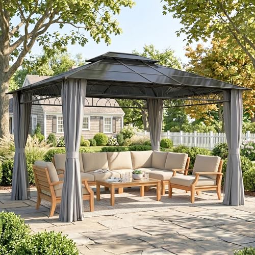 Outsunny 10' x 12' Outdoor Gazebo Canopy, Double Roof Hardtop Gazebo with Polycarbonate Roof, Steel Frame, Nettings and Curtains, for Garden, Lawn, Backyard and Deck, Light Grey