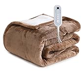 Sheet&Joy Heated Blanket Electric Brown Throw - 50"x60" Heating Blanket Throw 1/2/4/6/8 Hours Auto-Off 8 Heat Level Over-Heat Protection Flannel Sherpa Electric ETL Certification