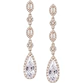 SWEETV Long Pear-Shaped Rose Gold Wedding Birdal Earrings for Brides, Bridesmaids, Crystal Chandelier Dangle Drop Earrings for Women Prom