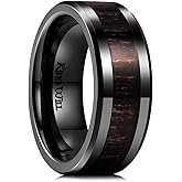 King Will Nature Men's Wooden Wedding Band, 7-8mm Black Mens Ceramic Wedding Ring with Polished Finish Brown Wood Inlay Comfort Fit Size 7-14