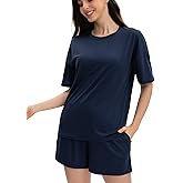 MUKVIK Pajamas for Women Set, Womens Pajama Sets Soft Short Sleeve Tops and Shorts 2 Piece, PJ Sets for Woman with Pockets
