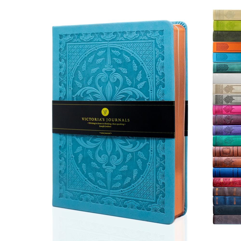 VICTORIA'S JOURNALS Leatherette Vintage Journal Hard Cover Lined Notebook Old Looking Travel Diary, A5 Size 5.7'' x 8.1'' (Light Blue, A5), ONB0041