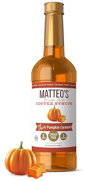 MATTEO’S BARISTA STYLE SUGAR-FREE COFFEE SYRUP, PUMPKIN CARAMEL FLAVOR, ZERO CALORIES AND SUGAR, KETO FRIENDLY, IDEAL FOR LATTES, CAPPUCCINOS, ESPRESSO, AMERICANO, INDULGENT TASTE 33.8 OZ, 1-PACK