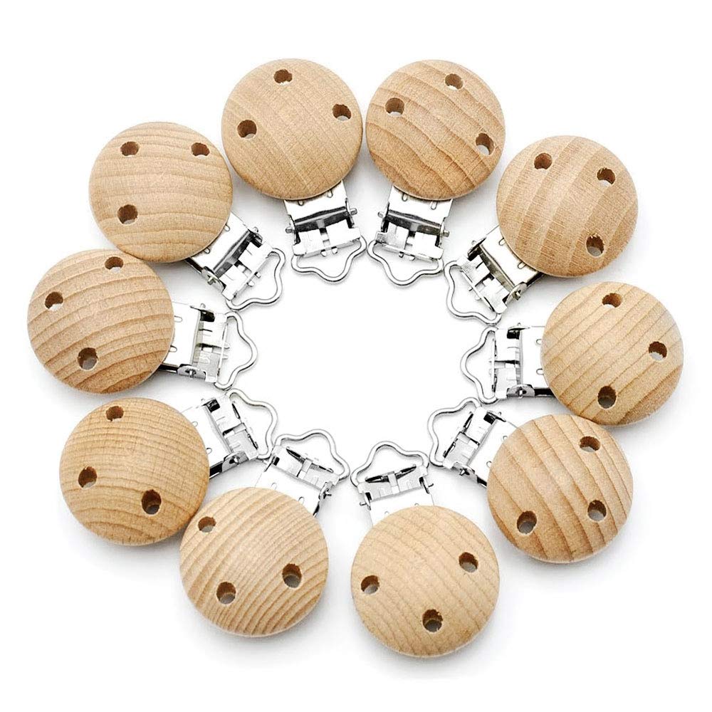Baby Pacifier Clips,10 Pcs Natural Wooden Dummy Clip, Wooden Pacifier Holder Soother Clips for Pacifiers Wooden Baby Dummy Holder