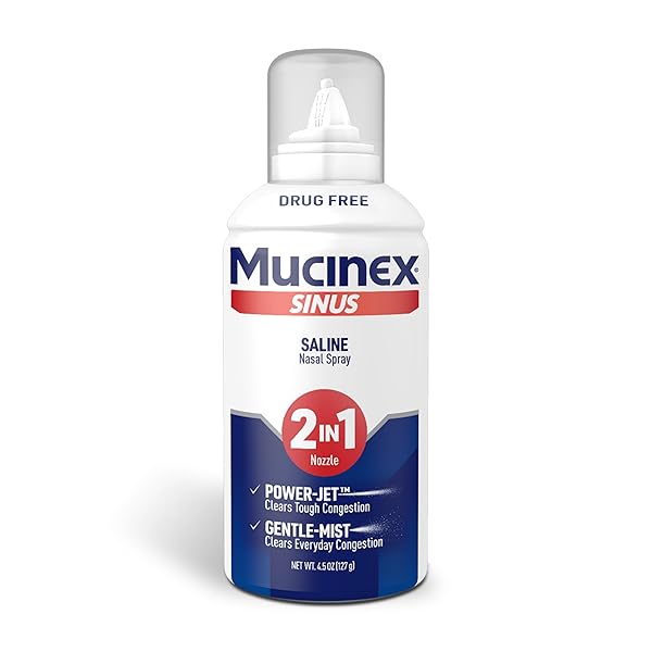MUCINEX SINUS SALINE NASAL SPRAY & SINUS RINSE, DRUG-FREE, ADDITIVE FREE, NON-DROWSY NASAL IRRIGATION WITH 2-IN-1 JET + MIST SPRAY NOZZLE FOR COLD & ALLERGY SEASON, 4.5OZ SALINE SOLUTION SPRAY