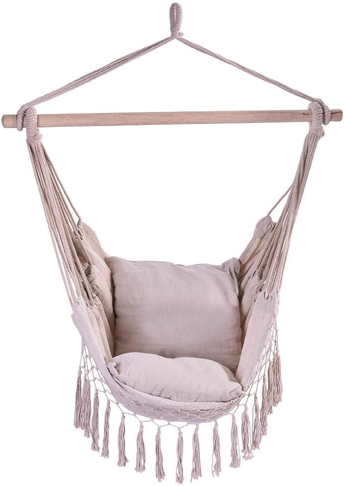Hammock Chair Swing with 2 Cushions, Mosunx Hanging Rope Tassel Hammock Chair Swing Seat for Any Indoor or Outdoor Spaces, Max.300 Lbs (White, 39.4x51.2'')