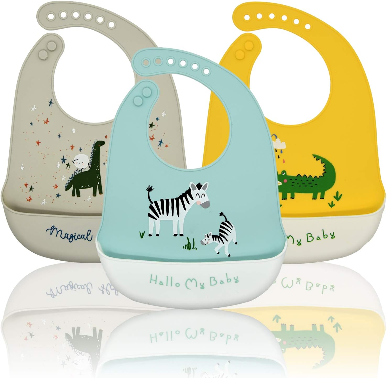 Baogaier Baby Bibs Silicone Waterproof Feeding Silicone Bib for Babies Easy Clean Soft Pocket Food Crumb Catcher for Weaning Toddler Kids Boys Animal Roll Up Bibs 6 Months Up Blue Grey Yellow