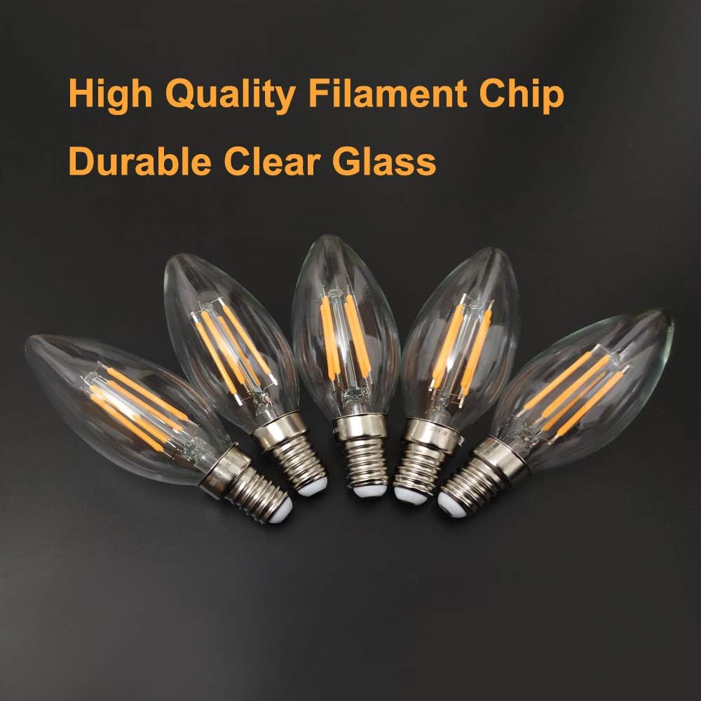 E14 LED Candle Bulbs Dimmable 4W, 40W Equivalent, No Flicker Small Edison Screw SES Chandelier Light Bulbs, Soft Warm White 2700K, C35 LED Filament Bulb by Skcnite, 5 Packs - Image 4