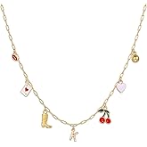 Korotho Initial Cowgirl Charm Necklaces for Women, 14K Gold Plated Dainty Western Cowgirl Cherry Heart Necklace Summer Beach Letter A-Z Choker Necklace Personalized Monogram Name Necklace for Her