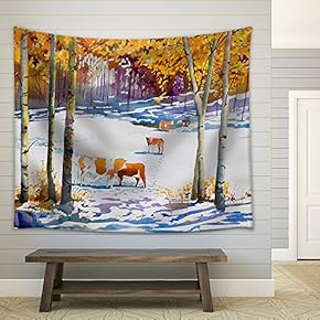 an Original Watercolor Painting, of a Cattle Pasture with an Early Blanket of Snow, in Autumn. - Fabric Wall Tapestry Home Decor - 51x60 inches