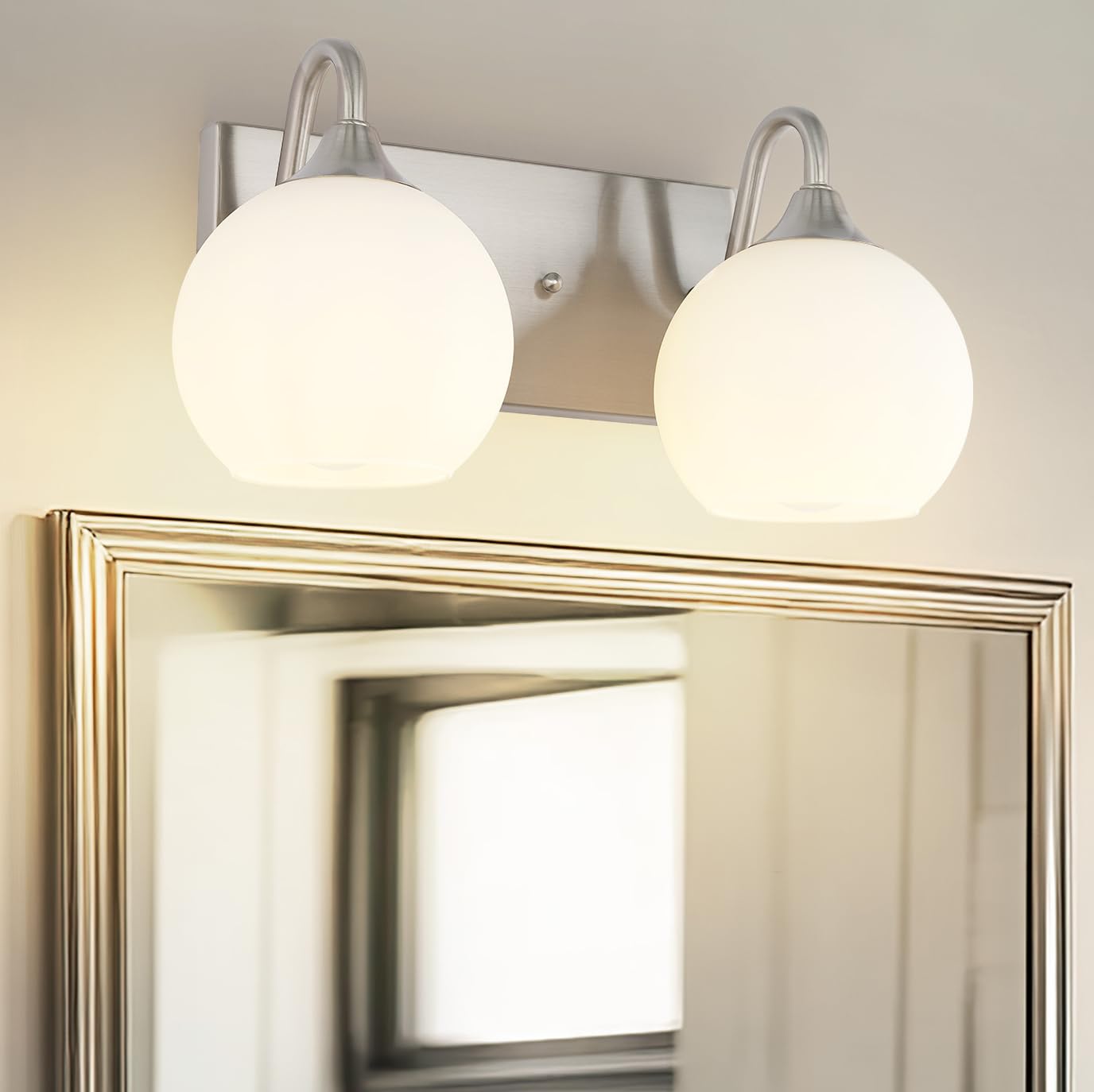 Photo 1 of Emak Globe Bathroom Light Fixtures, Brushed Nickel Vanity Lights with Milk Glass Shade, Modern 2-Light Bathroom Vanity Lights Over Mirror, VL118-BN-ML-2