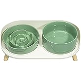 Elevated Slow Feeder Dog Bowls - Ceramic Food and Water Bowl Set with Stand - Raised Pet Dishes for Small and Medium Sized Dogs