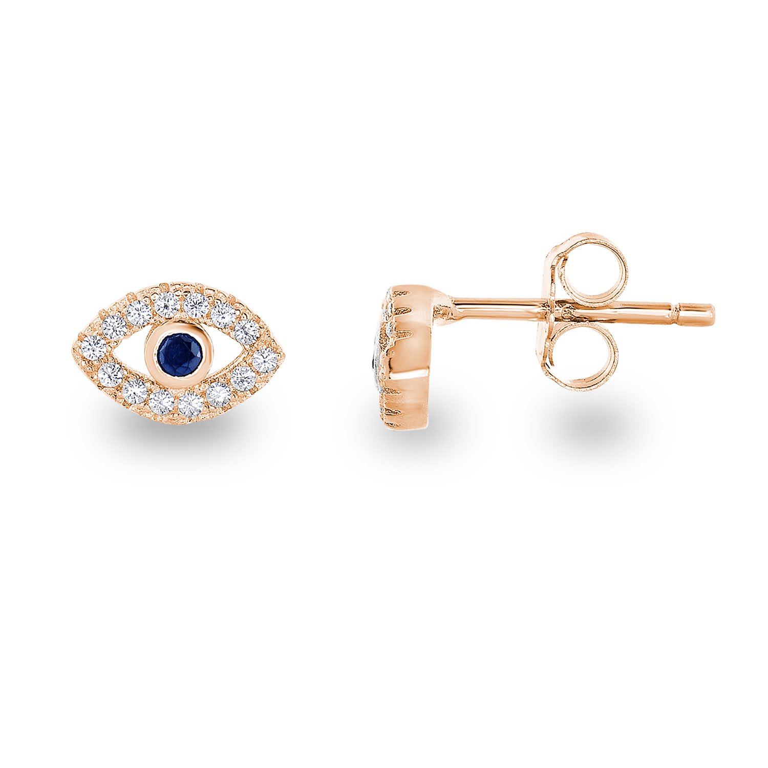 14k Rose Gold Plated Sterling Silver Cubic Zirconia Mini Evil Eye Jewish Symbol Stud Earrings